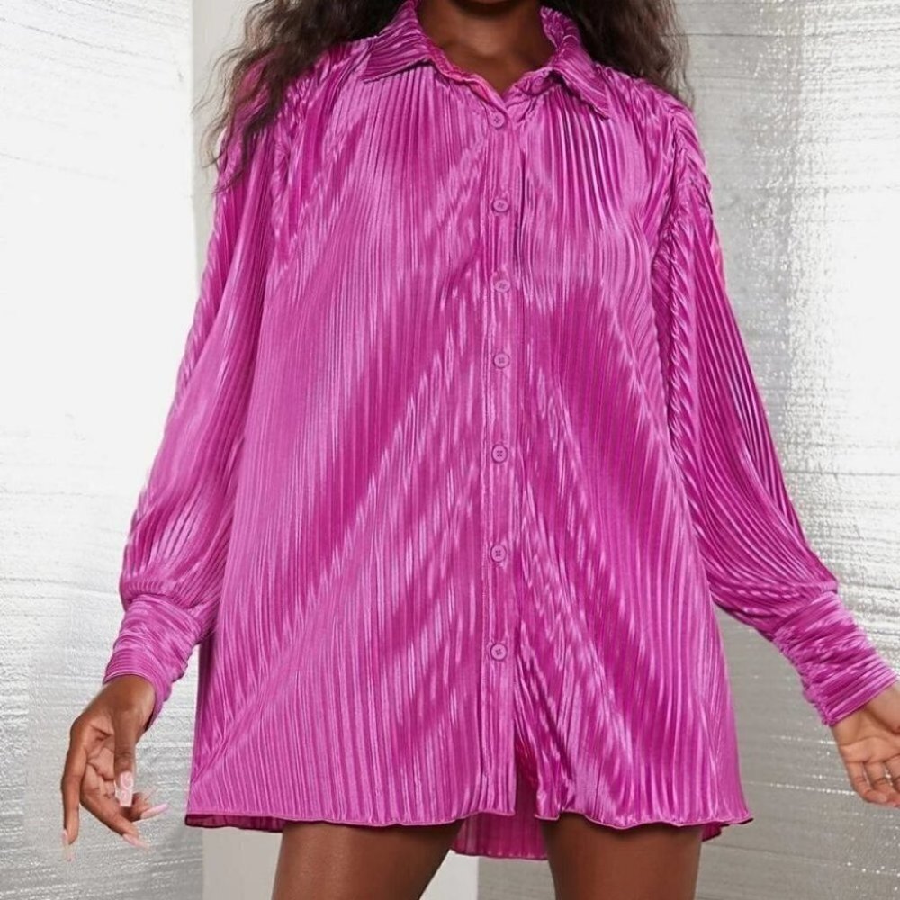 pink long sleeved Pleated oversized Button down shirt Top